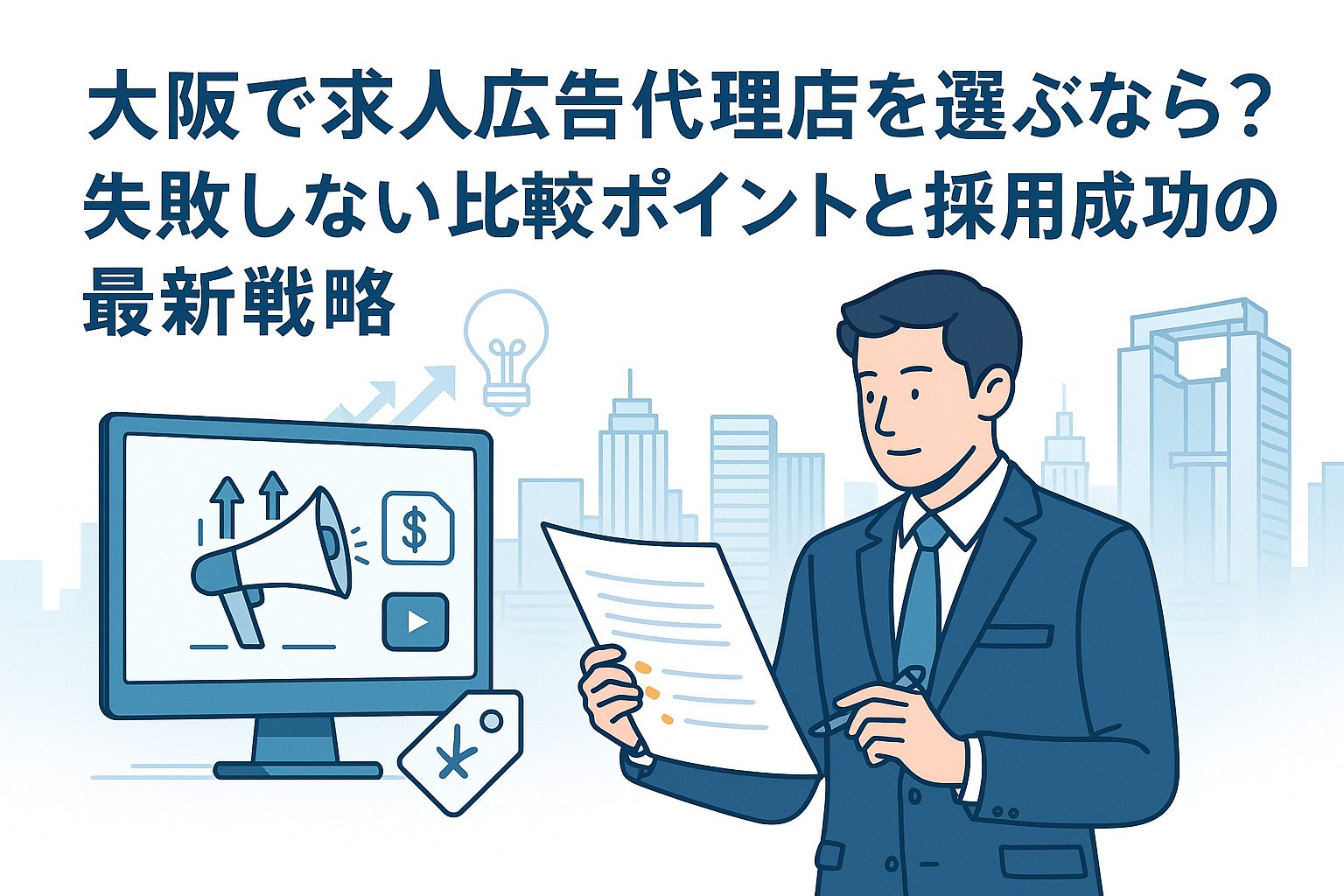 大阪で求人広告代理店を選ぶための比較ポイントと採用成功の戦略を象徴するビジネス街のイメージ