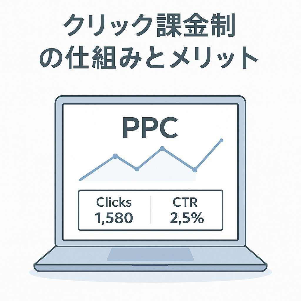 クリック課金制の仕組みとメリットを示すノートPCの広告分析画面イメージ
