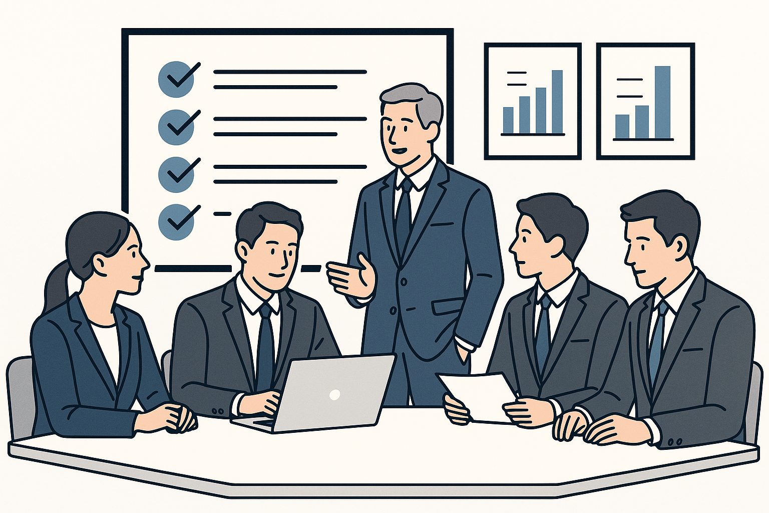 求人広告代理店のスタッフが複数の求人媒体を比較し、企業担当者へ最適な提案を行っているシーン。データと資料を活用した戦略的な打ち合わせ。