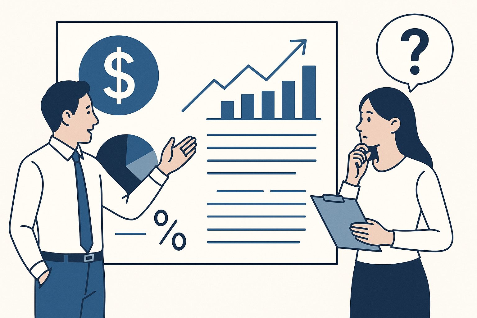 求人広告代理店の担当者が料金表を示しながら、企業担当者に費用対効果を説明している様子。安心感と誠実な対応を表現。