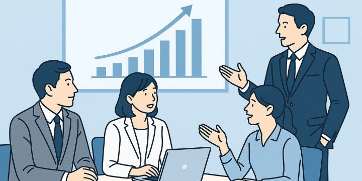 企業担当者と求人広告代理店が採用戦略について話し合う様子を描いた青系フラットイラスト。信頼感と成果向上をイメージ。