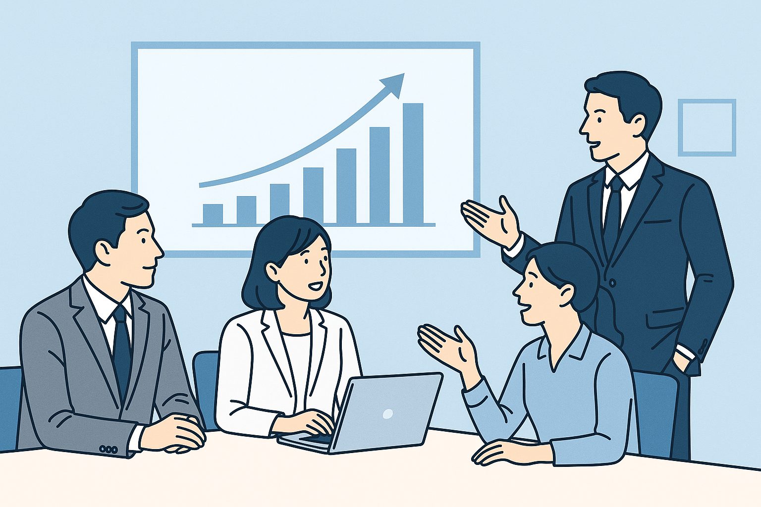 企業担当者と求人広告代理店が採用戦略について話し合う様子を描いた青系フラットイラスト。信頼感と成果向上をイメージ。