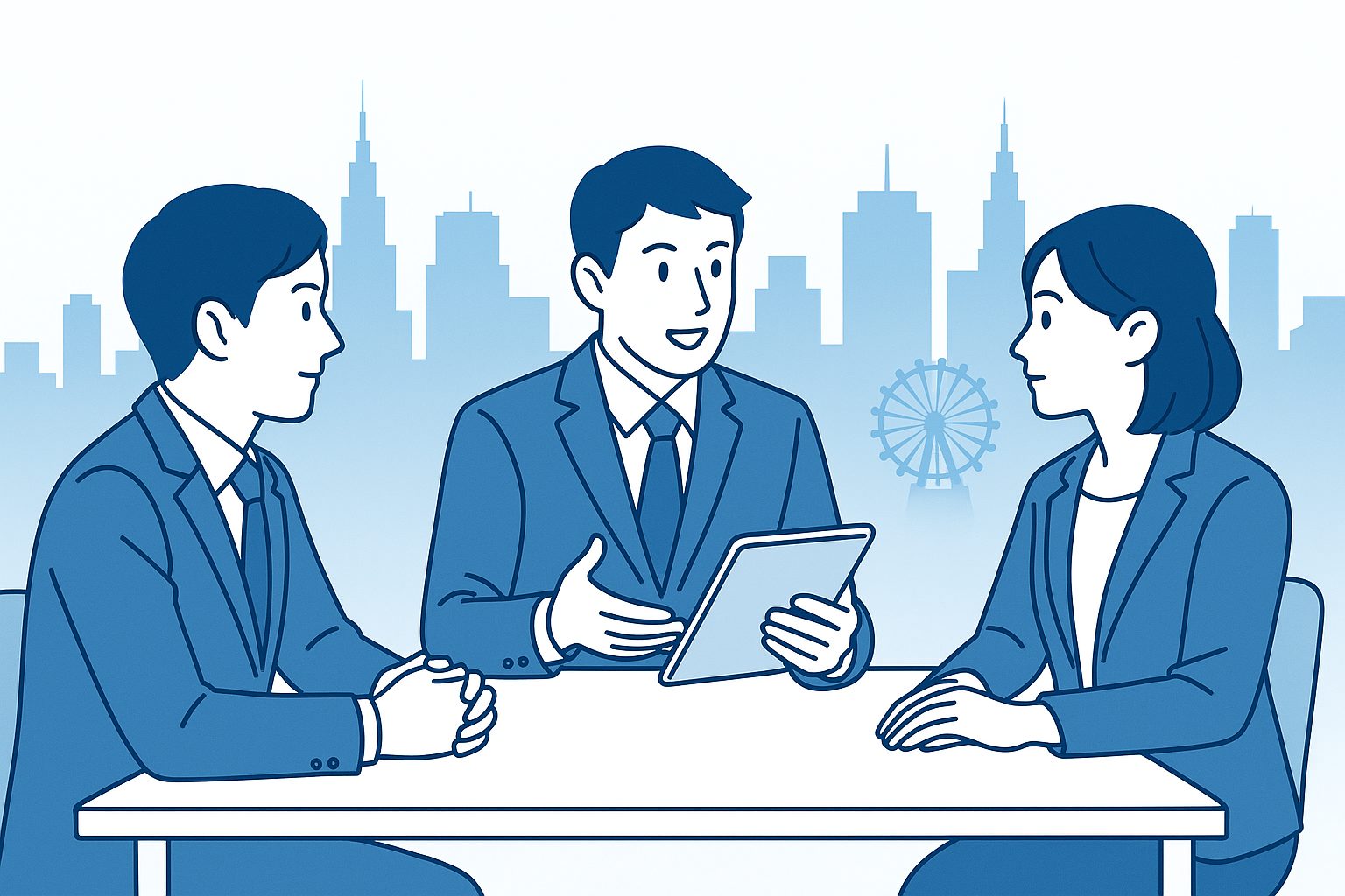 採用市場の変化に対応するため、企業担当者と代理店スタッフがグラフを見ながら打ち合わせしている様子。背景に大阪の都市シルエット。