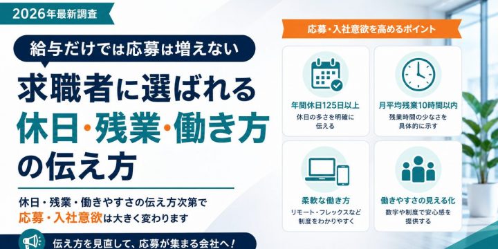 求人で休日・残業・働き方を具体的に伝えるポイントを示した図解